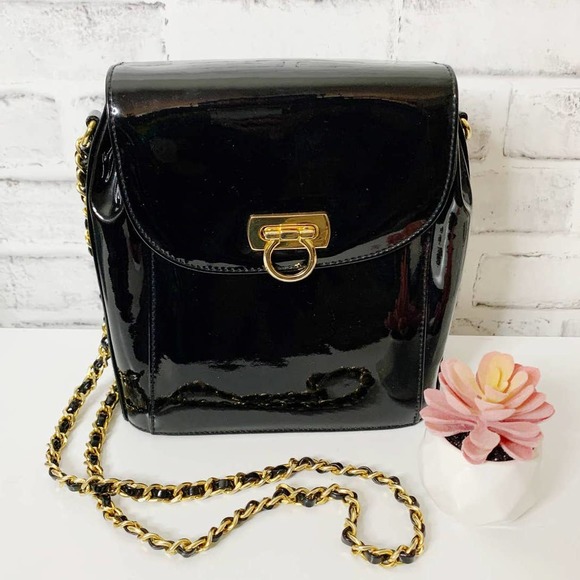 Giani Bernini Handbags - Gianni Bernini Black Patent Crossbody Bag with Gold Hardware and Chain